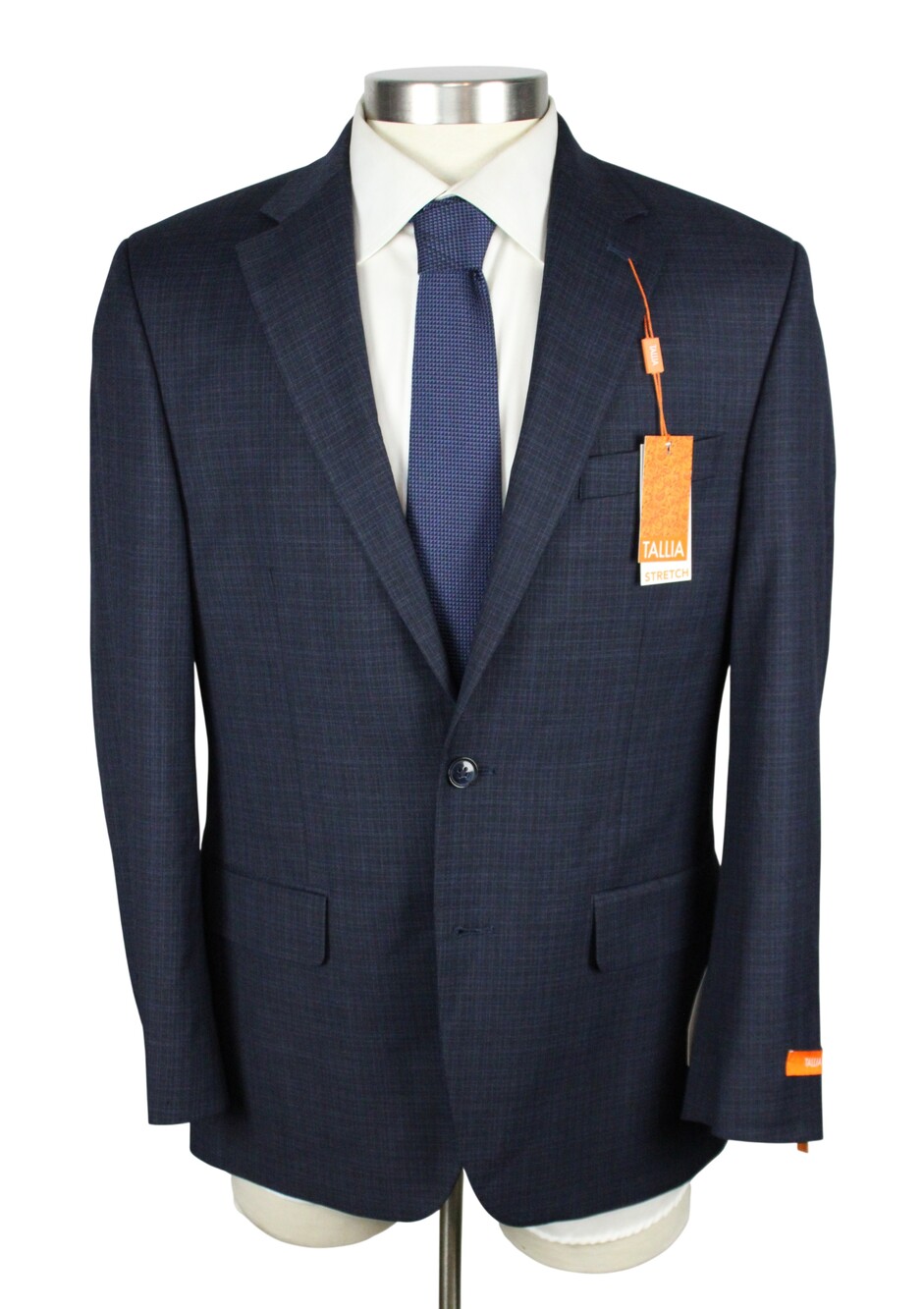 $360 Tallia Suit Jacket Mens 40 R Navy Blue Check Classic Fit Stretch Blazer